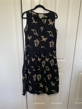 April Cornell Vintage Cotton Midi Dress with Drawn Cream Bird Motif